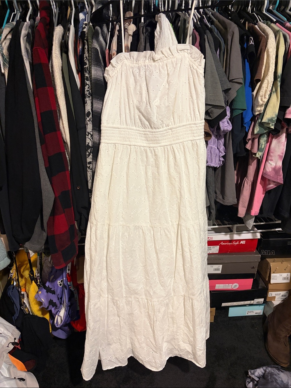 White One-Shoulder Eyelet Maxi Dress